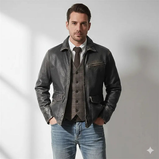 Men’s Motorcycle Biker Vintage Cafe Racer Distressed Black Real Leather Jacket black