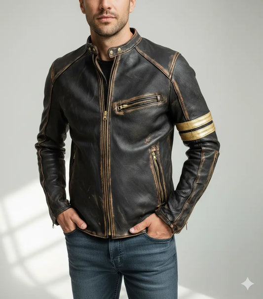 Men’s Motorcycle Biker Vintage Cafe Racer Distressed Black Real Leather Jacket