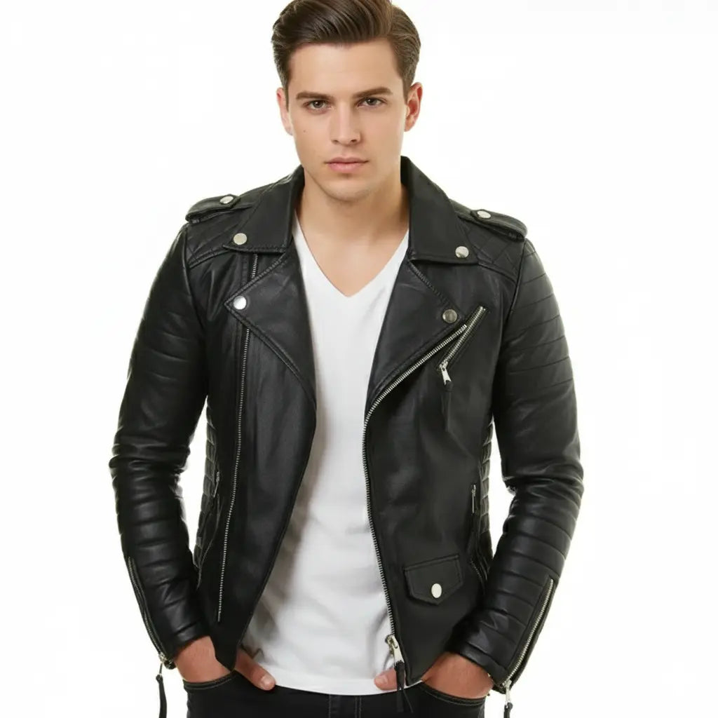 Men Motorcycle Genuine Lambskin Leather Jacket Black Slim fit Biker jacket