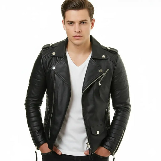 Men Motorcycle Genuine Lambskin Leather Jacket Black Slim fit Biker jacket