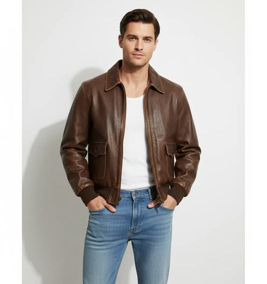 Aviator Real Cowhide Distressed Leather Bomber Flight Jacket Vintage Brown