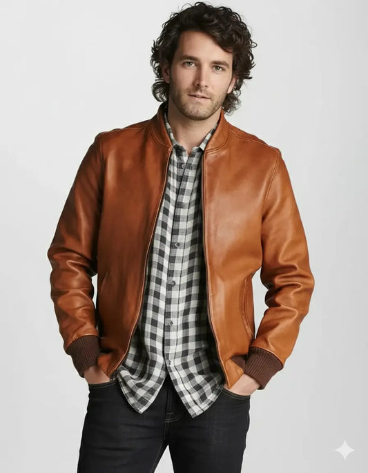 Men Brown 100% Genuine Lambskin Leather Jacket Bomber Leather Coat