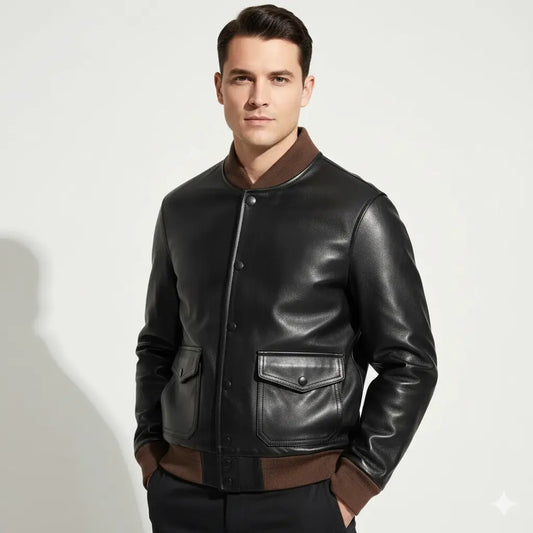 Men's Casual Leather Coat Front Pockets A1 Bomber Basic Genuine Leather Jackets