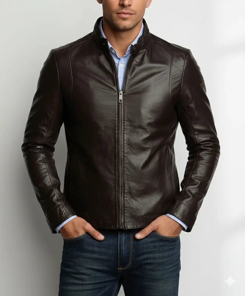 Men’s Simple Look Casual Wear Dark Brown Leather Jacket