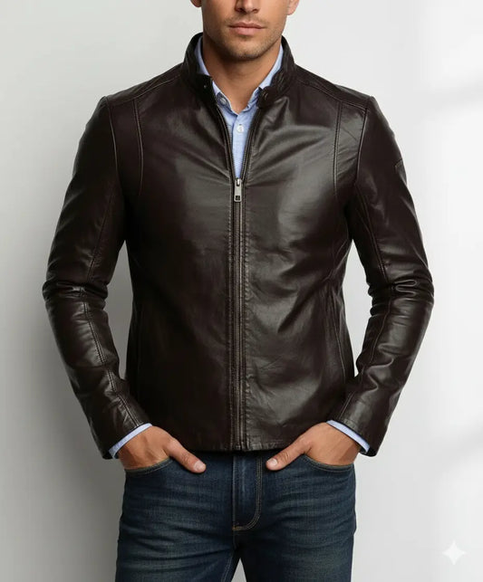 Men’s Simple Look Casual Wear Dark Brown Leather Jacket