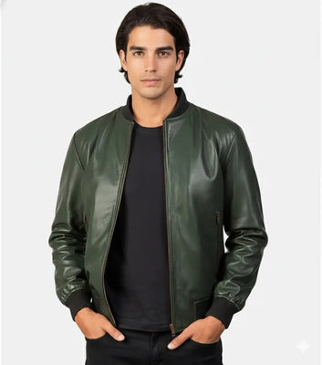 Men’s Bomber Casual Green Leather Jacket