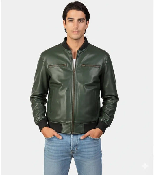 Men’s Bomber Casual Green Leather Jacket