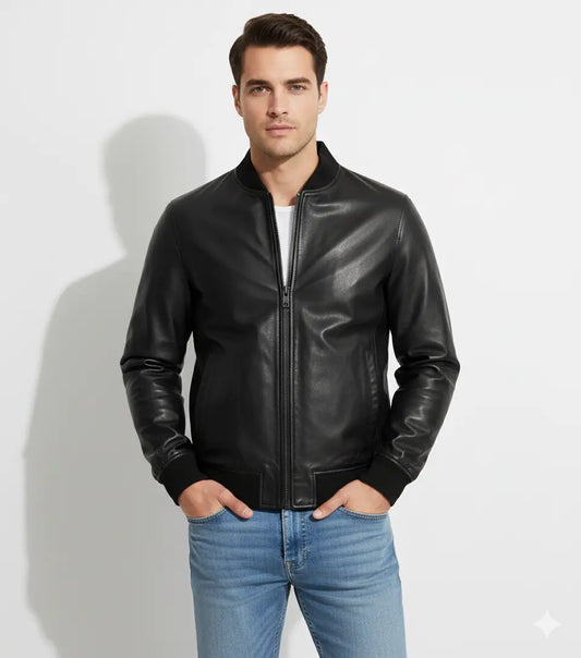 Men’s Casual Bomber Real Black Leather Jacket