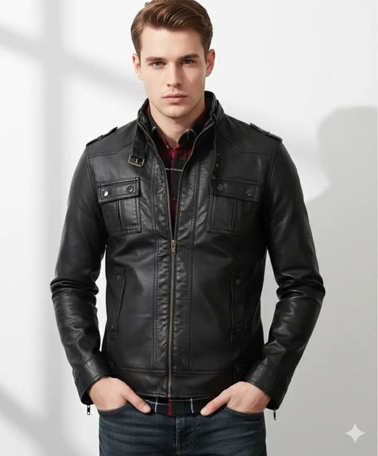 Men’s Strap Collar Casual Slim Fit Black Leather Jacket