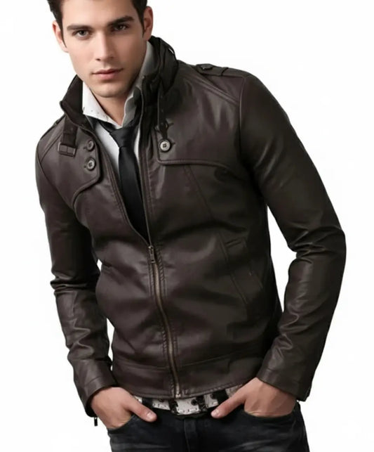 Men’s Belted Buckle Collar Slim Fit Dark Brown Jacket