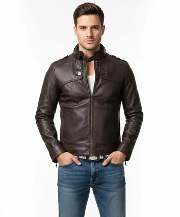 Men’s Belted Buckle Collar Slim Fit Dark Brown Jacket