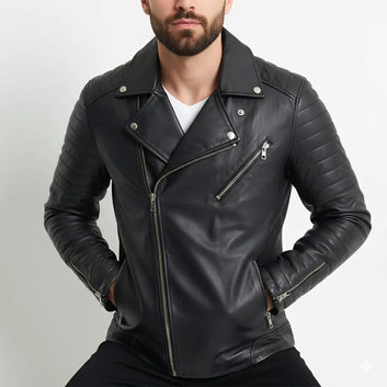 Ribbed Sleeve Real Leather Jacket