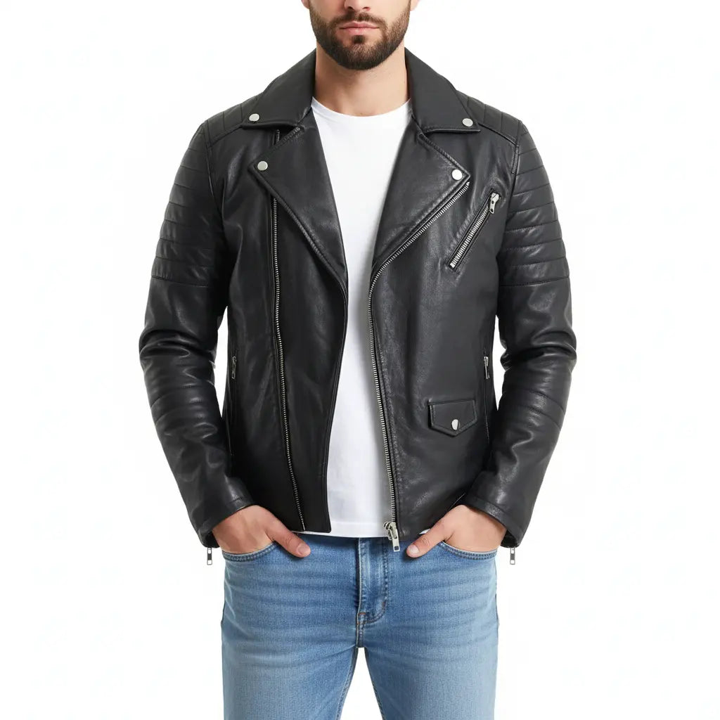 Ribbed Sleeve Real Leather Jacket
