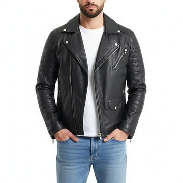 Ribbed Sleeve Real Leather Jacket