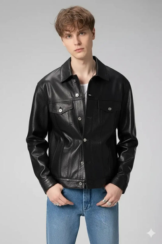 Mens Black Genuine lambskin Trucker Leather bomber Jacket Coat