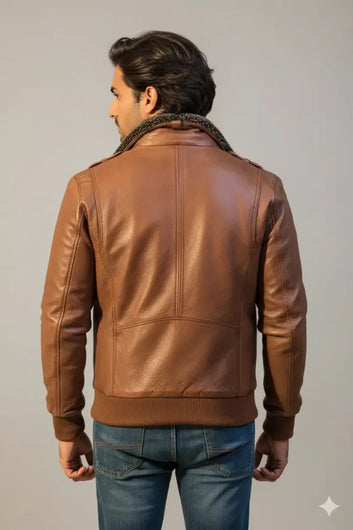 Men Brown Custom Bomber Leather Jacket Motorcycle Real Lambskin Fur Collar Coat