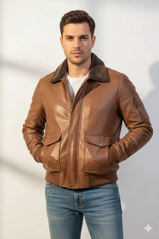 Men Brown Custom Bomber Leather Jacket Motorcycle Real Lambskin Fur Collar Coat