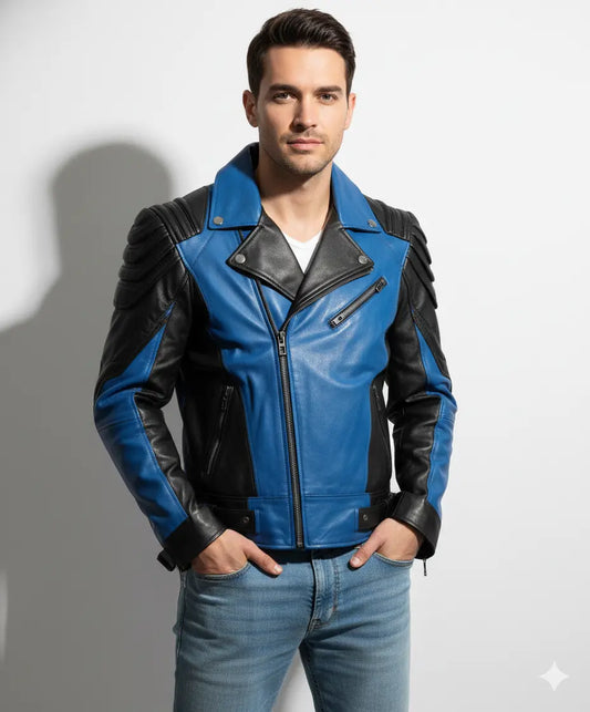 Men Black & Blue Leather Jacket Genuine Lambskin Handmade Biker Coat