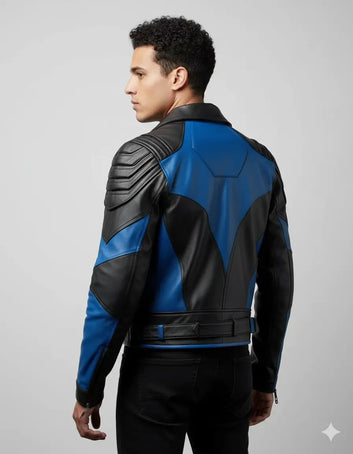 Men Black & Blue Leather Jacket Genuine Lambskin Handmade Biker Coat