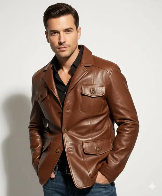 Men's Brown Handmade Distressed Biker Leather Blazer Waxed Motorcycle Jacket