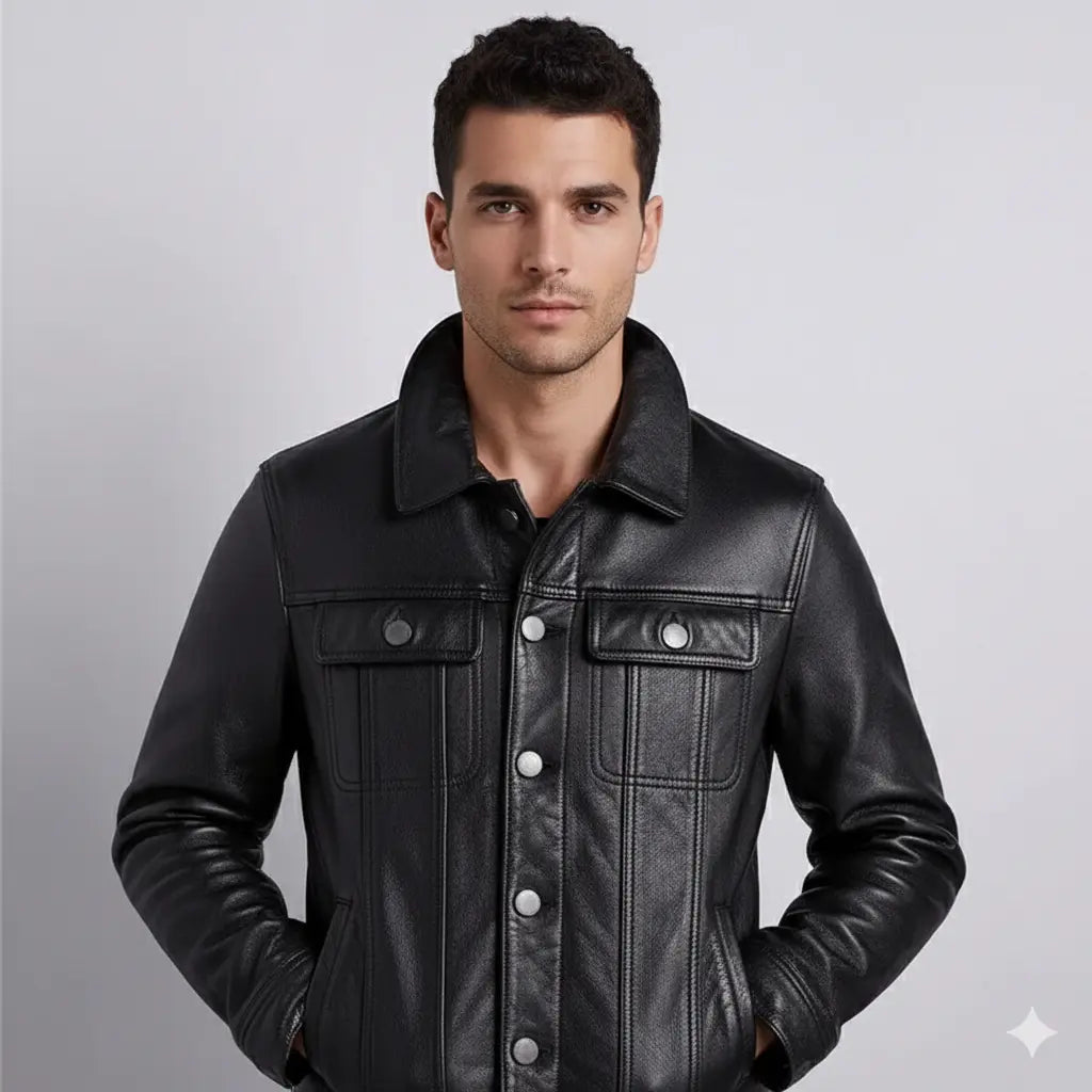 Men's Black Trucker Lambskin Leather Jacket Coat