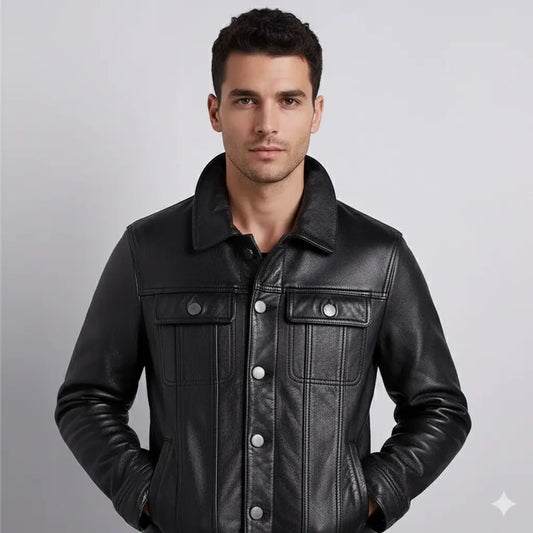 Men's Black Trucker Lambskin Leather Jacket Coat