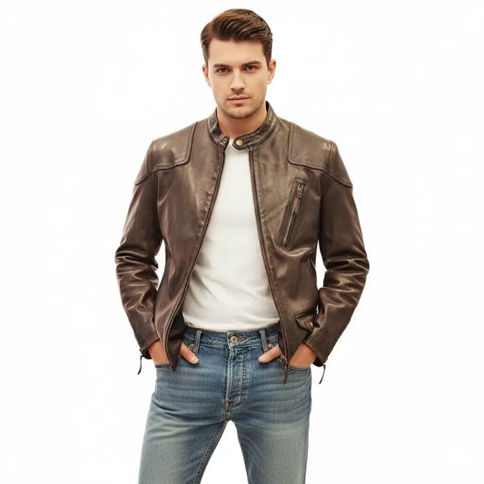 Mens Cowhide Tea Core Leather Biker Motorcycle Jacket Distressed Vintage Coat