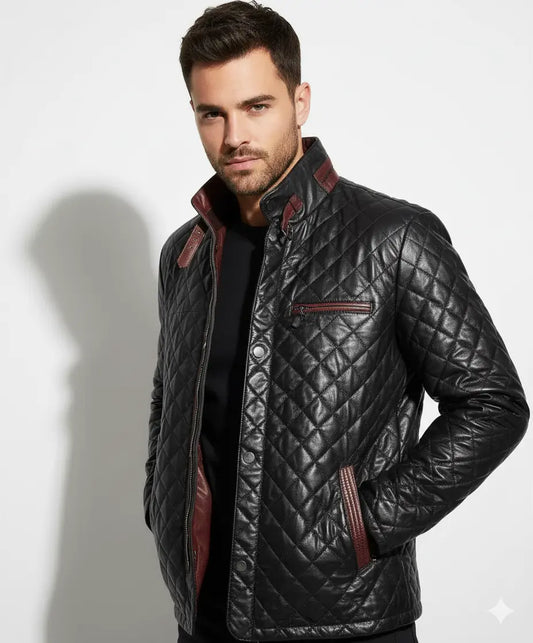 Men Black Luxury Lambskin Leather jacket biker Quilted Coat gift for him Coat