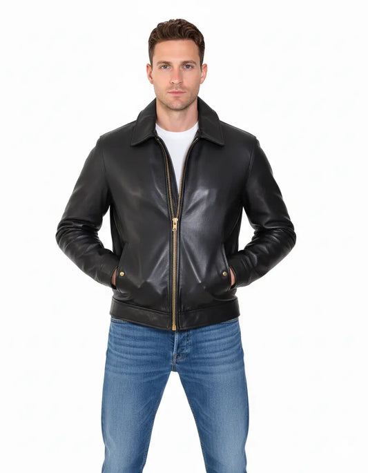 Men's Black Cowhide Leather Classic Racer Motorcycle Jacket Golden Zip Coat
