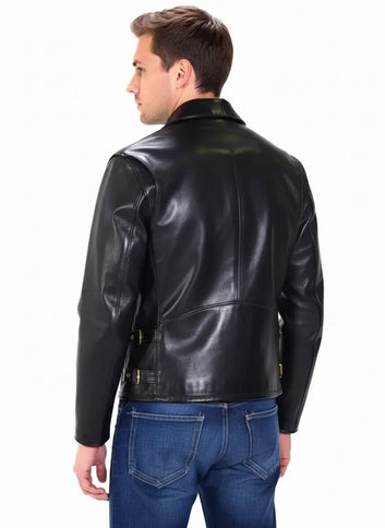 Men's Black Cowhide Leather Classic Racer Motorcycle Jacket Golden Zip Coat
