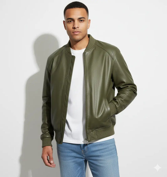 Men's Olive Green 100% Real Leather Jacket Designer Bomber Biker Handmade Coat