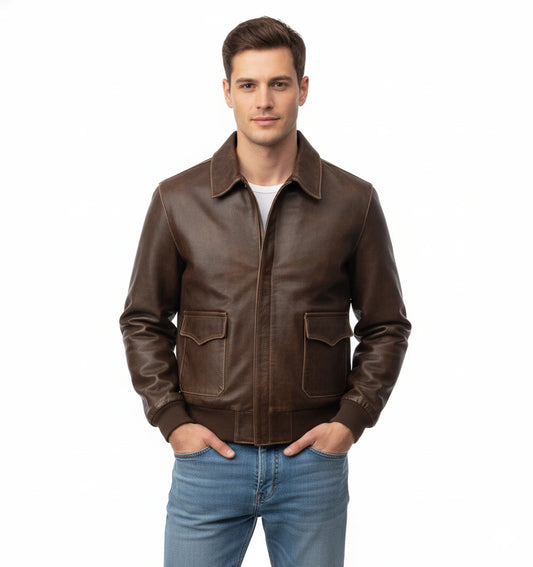 Men's Brown Aviator A-2 Real Distressed Leather Bomber Flight Vintage Jacket