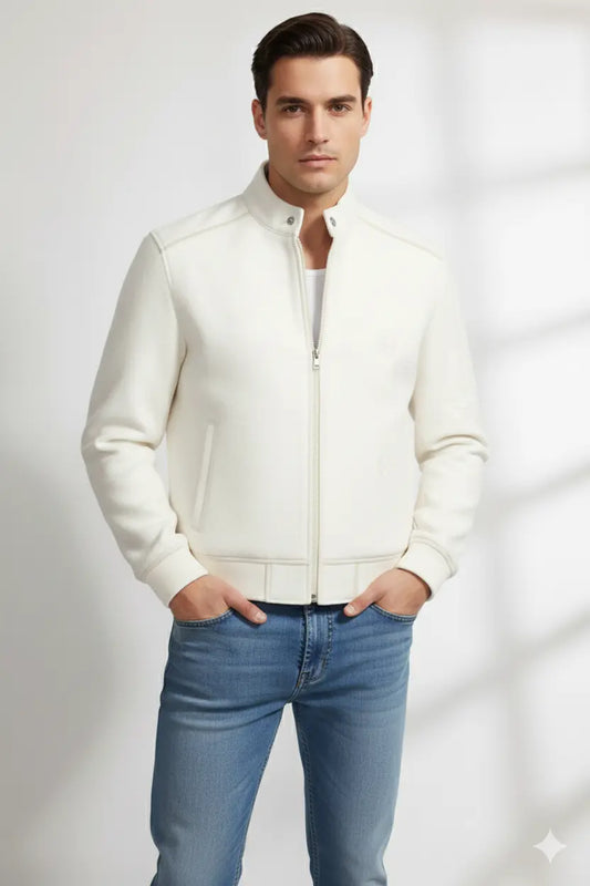 MEN HANDMADE GENUINE SOFT LAMBSKIN LEATHER JACKET WHITE COAT