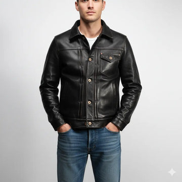 Men Distressed Trucker Cowhide Leather Luxury Tanned Cafe Racer Motorcycle Coat