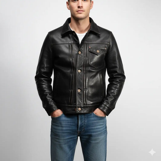 Men Distressed Trucker Cowhide Leather Luxury Tanned Cafe Racer Motorcycle Coat