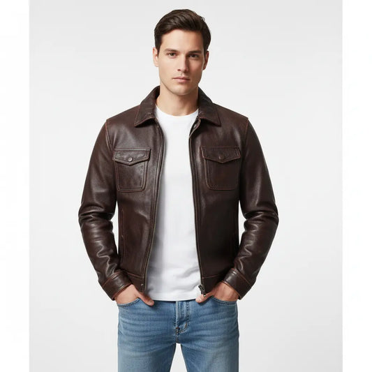 Men's Brown Motorcycle Vintage Style Real Leather Jacket Handmade Coat