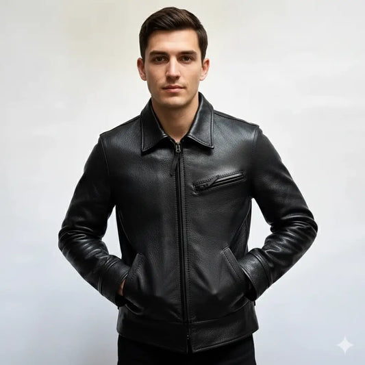Men’s Black Cowhide Leather Luxury Vintage Trucker Motorcycle Biker Jacket