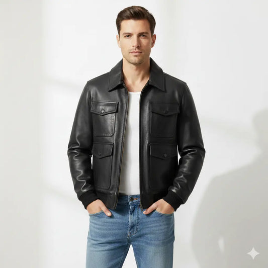 Men Black Motorcycle Flight Bomber Jacket Real Cowhide Leather Jacket