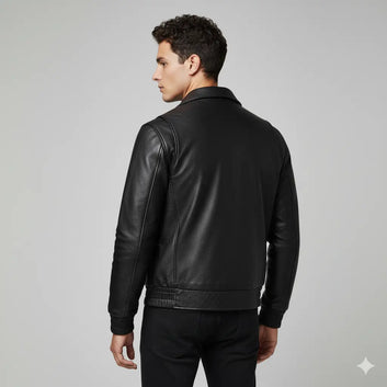Men Black Motorcycle Flight Bomber Jacket Real Cowhide Leather Jacket