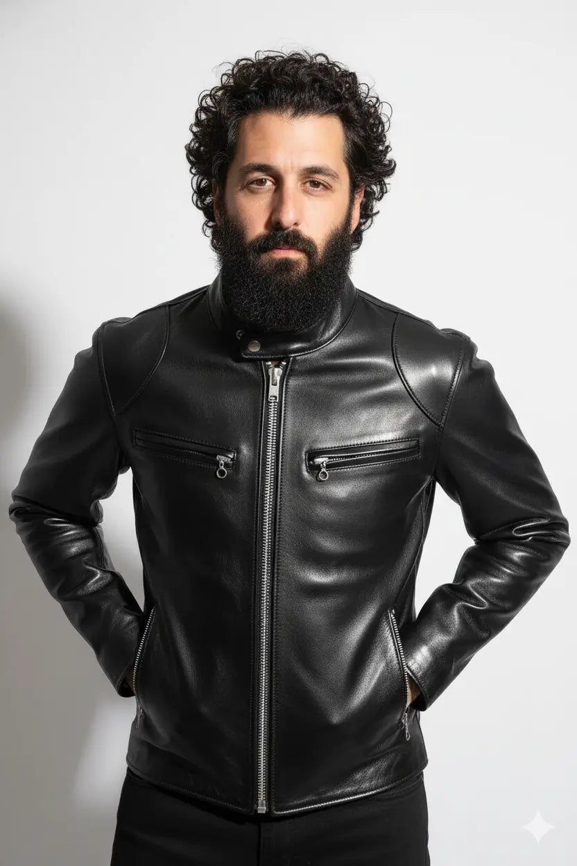 Men’s Black Cowhide Leather Luxury Tanned Cafe Racer Motorcycle slim Fit Jacket