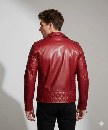 Men's Motorcycle Leather jacket Genuine Sheep Skin Brando Style Red Biker