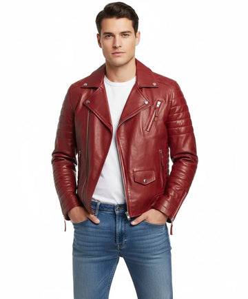 Men's Motorcycle Leather jacket Genuine Sheep Skin Brando Style Red Biker