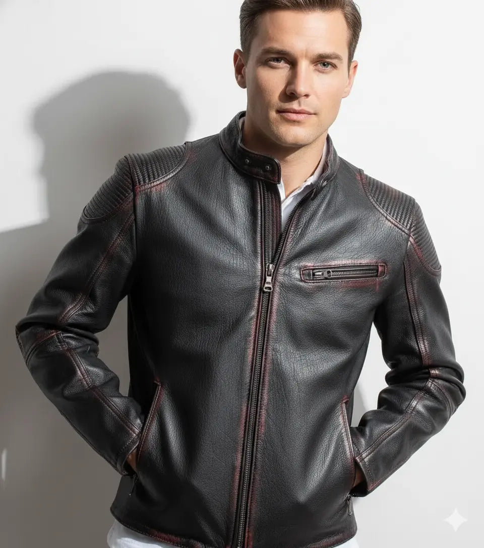 Men's Genuine Real Leather Jacket Motorcycle Black Biker Distressed Leather
