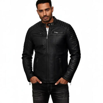 Men's Black Leather Jacket Coat Cafe Racer Style Genuine Soft Sheep Skin Biker