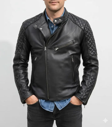 Men's Leather Jacket Cafe-Racer Retro Motorcycle Biker Black Real Leather