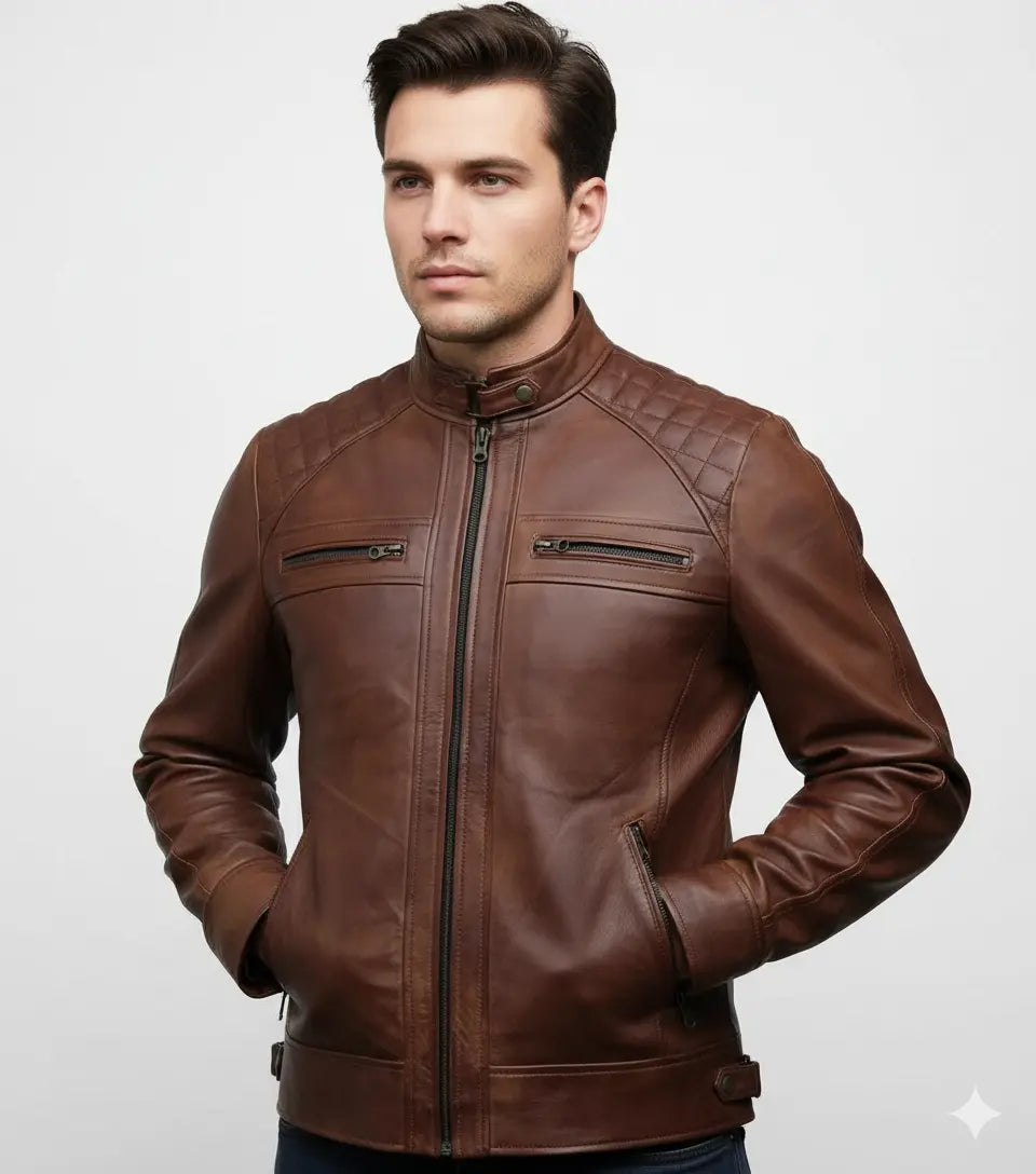 Men's Leather Jacket Genuine Sheep Skin Café racer Style Biker Black & Brown
