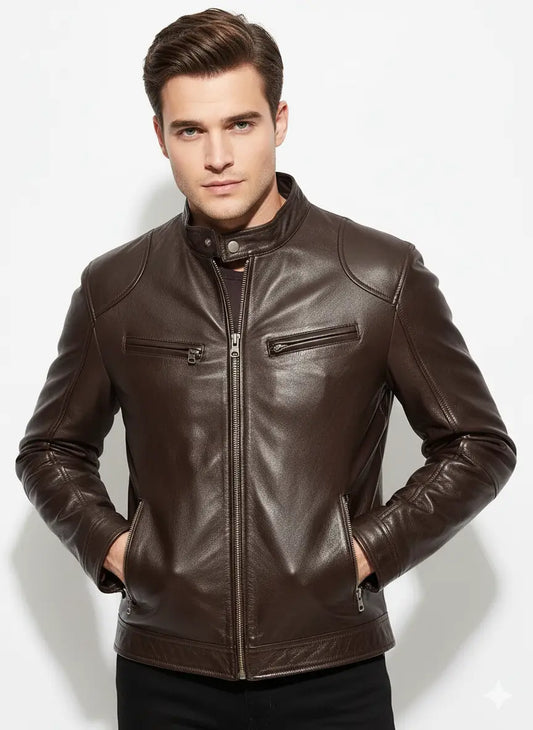 Cafe Racer Men's Leather Jacket Soft Sheep Skin Motorcycle Brown & Black Biker