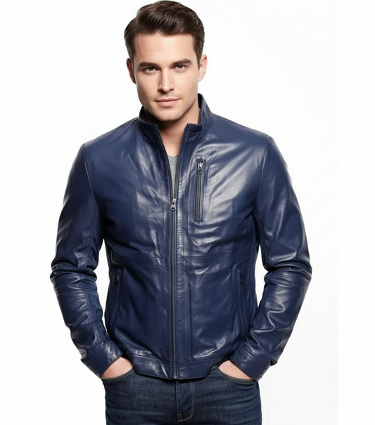 Men’s Stand Collar Casual Navy Blue Leather Jacket