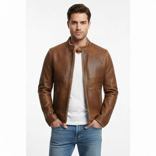 Men’s Motorcycle Biker Vintage Cafe Racer Distressed Brown Real Leather Jacket