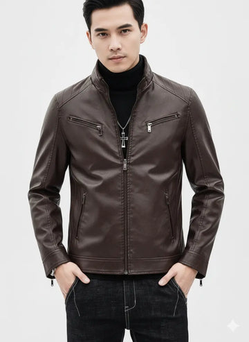 Men's Vintage Leather Biker Jacket - Slim Fit Motorcycle Style, Classic Zip-Up